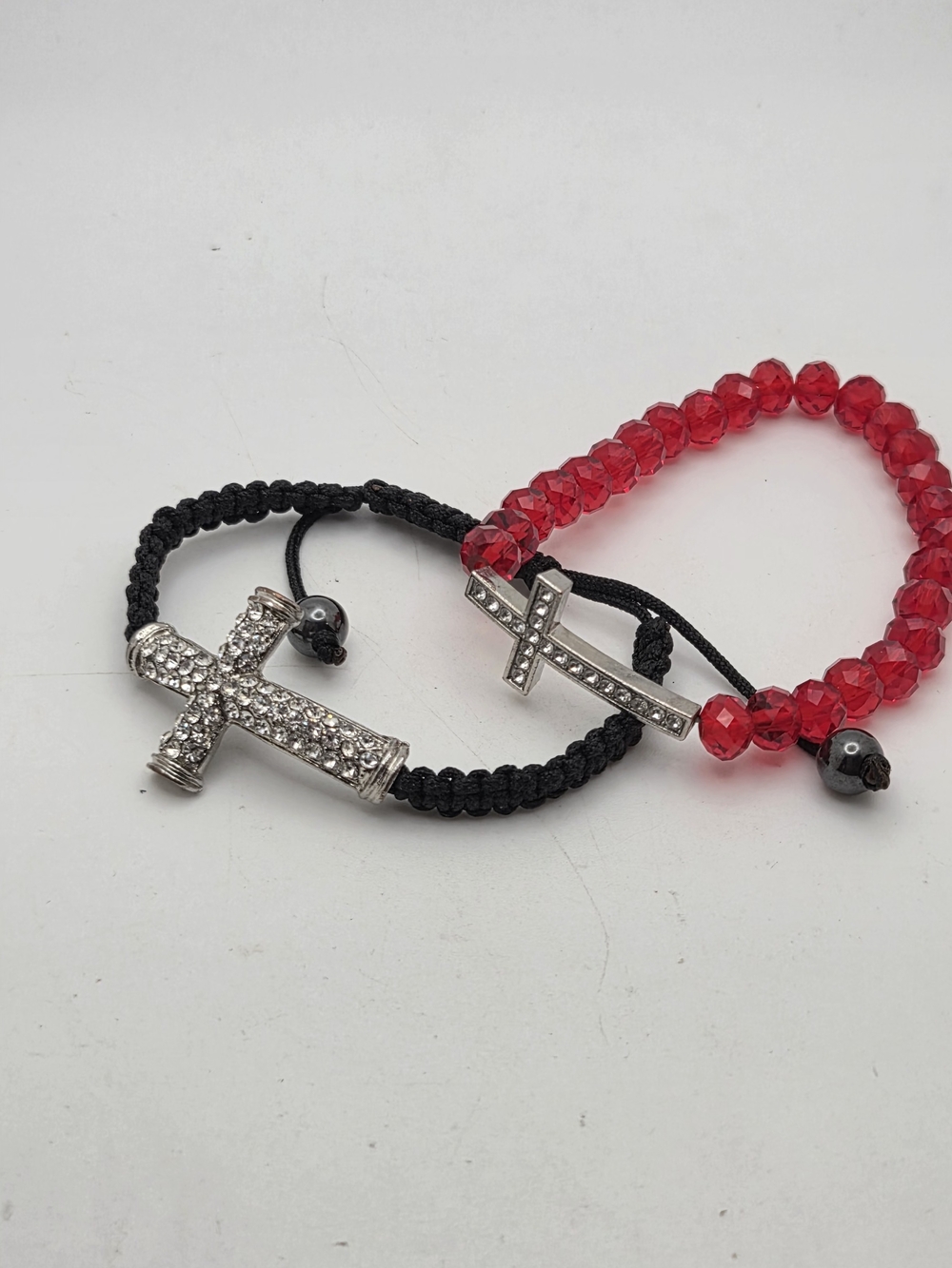 Rhinestone Cross Bracelet Set Red Beaded Black Macrame Faith Stack 2pc